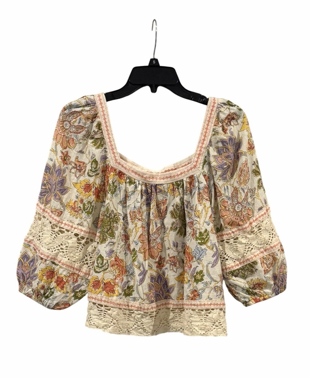 Christian Siriano N Y Cropped, Crochet Lace Floral Boho Blouse Linen Blend SZ L